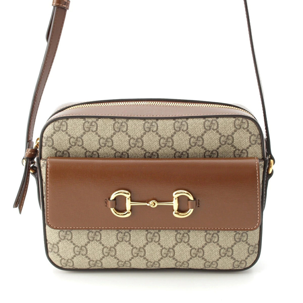 Gucci Horsebit GG Supreme Canvas Crossbody Gold Shoulder Bag Brown